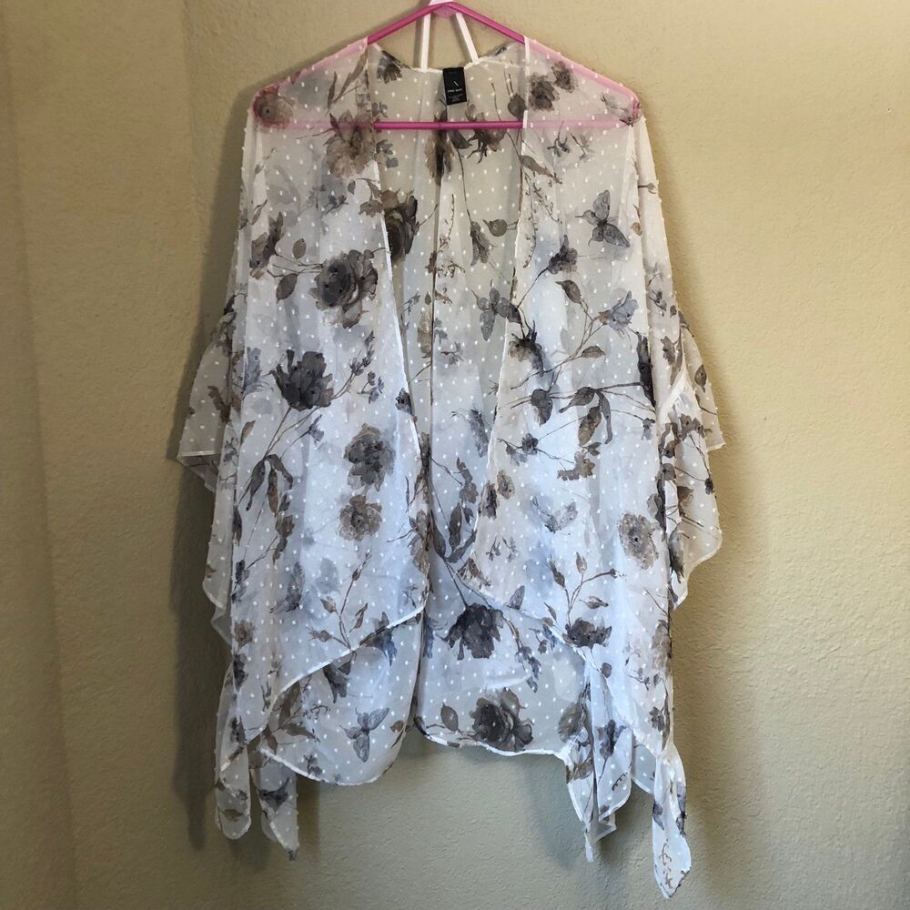 Mixit Womens Sheer Kimono Open Cardigan Black White Floral Rose Print Whimsigoth